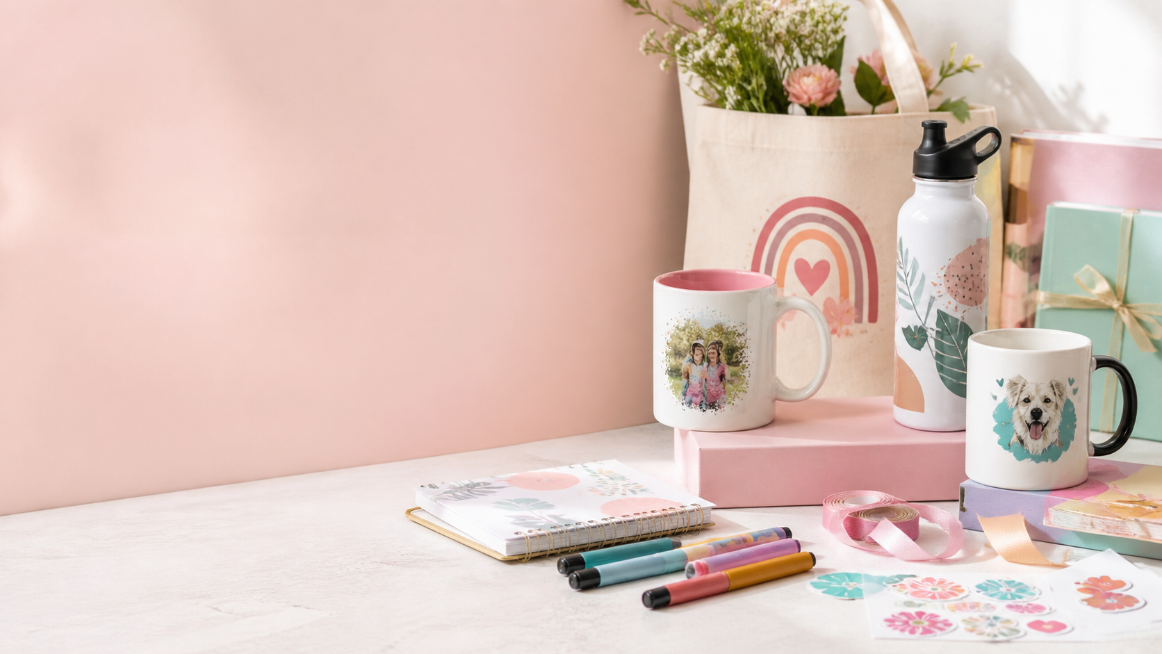 Mesa creativa con tazas, botella, stickers y materiales de personalización